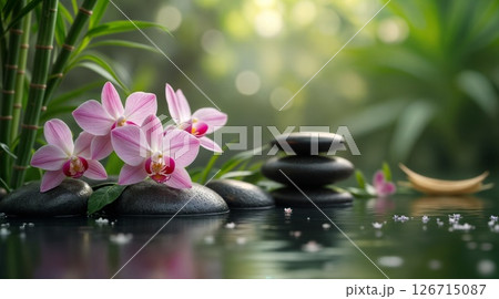 Tranquil Zen Spa Sanctuary with Pink Orchids and Balanced Stones in Water 126715087