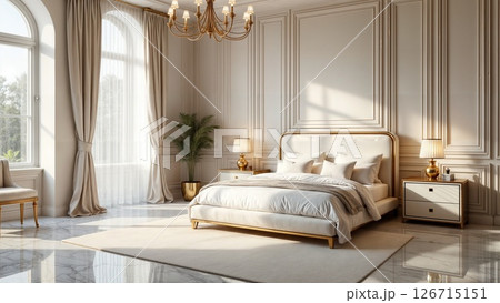 Luxurious Classical Bedroom Interior with Golden Accents and Elegant Soft Lighting Luxurious Classical Bedroom Interior with Golden Accents and Elegant Soft Lighting 126715151