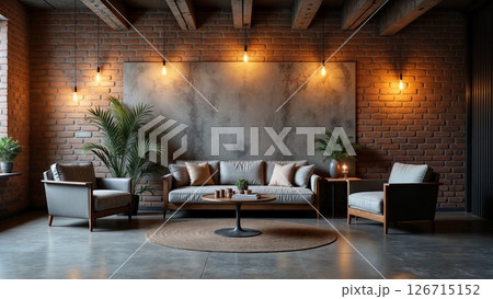 Industrial Loft Living Room with Exposed Brick and Warm Edison Pendant Lighting 126715152