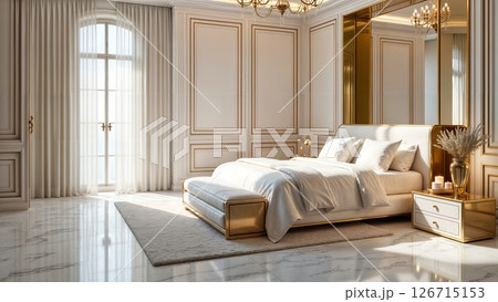 Elegant Luxury Bedroom Interior with Gold Accents and Soft Natural Light Elegant Luxury Bedroom Interior with Gold Accents and Soft Natural Light 126715153