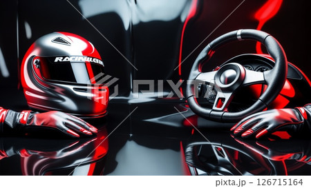 Red and Black Helmet with Driving Wheel and Gloves Red and Black Helmet with Driving Wheel and Gloves 126715164