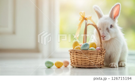 Elegant White Easter Bunny Posing Near Wicker Basket with Pastel Decorative Eggs 126715194