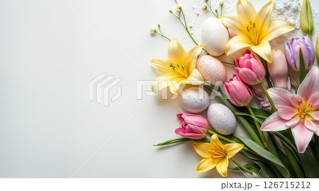 Spring Awakening Floral Elegance with Delicate Easter Eggs and Garden Fresh Blooms 126715212