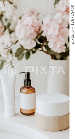 Natural cosmetics closeup in bathroom with flowers, minimalistic beauty concept 126715450