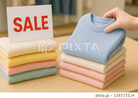 Knitwear clothes sale with folded sweaters and sale sign, retail store display 126715524