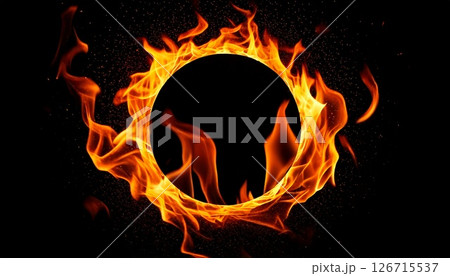 バトルや対戦の背景に使える　黒背景に浮かぶ燃える炎のリングのテクスチャ 126715537