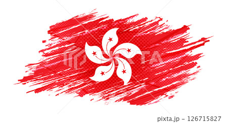 Hong Kong Flag in Grunge Brush Style with Halftone and Glow Effects. Flag of Hong Kong in Abstract Concept 126715827