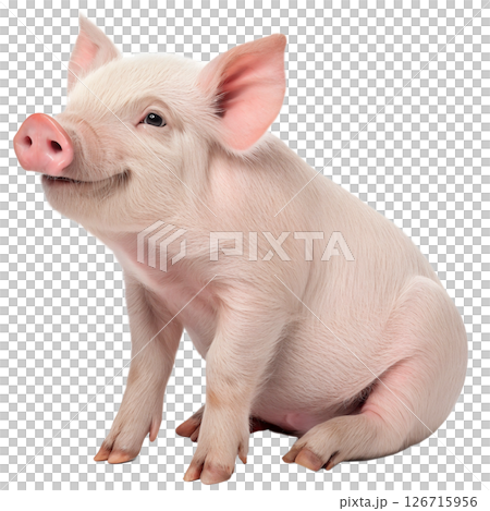 Cute piglet with pink skin, cute baby pig, cheerful farm animal, isolated on transparent background 126715956