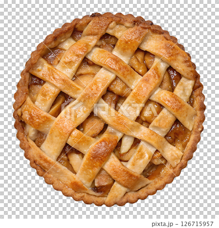 Delicious homemade apple pie with lattice crust, cinnamon aroma, golden brown pastry, fresh baked dessert isolated on transparent background 126715957