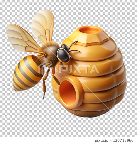 Cartoon bee and honeycomb isolated on transparent background, cute yellow striped insect, natural honey production, pollination 126715960