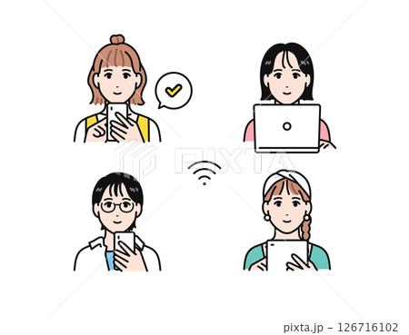 オンラインサービスを利用する若い女性のシンプルなベクターイラストセット 126716102