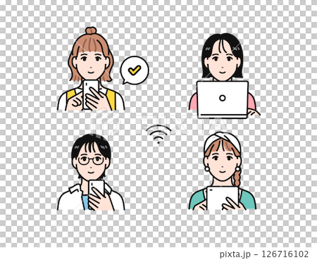 Simple vector illustration set of young women using online services 126716102