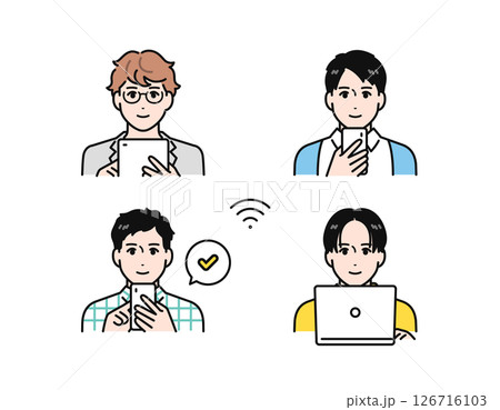 スマートフォン・タブレット端末・pcを操作する若い男性のシンプルなベクターイラストセット 126716103