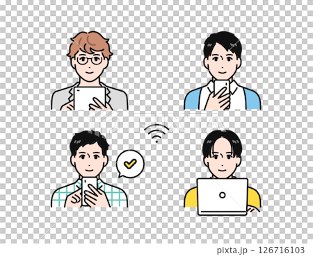 Simple vector illustration set of a young man operating a smartphone, tablet device, or PC 126716103