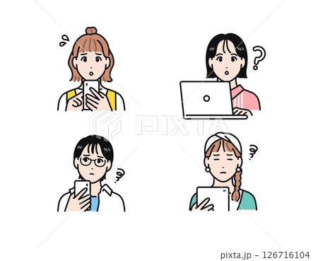 スマホ・タブレット・ノートパソコンを見て困る若い女性のシンプルなベクターイラストセット 126716104
