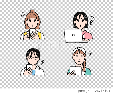 スマホ・タブレット・ノートパソコンを見て困る若い女性のシンプルなベクターイラストセット 126716104