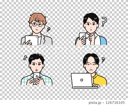 簡單的向量插圖集，描繪了一位年輕男子在看智慧型手機、平板電腦或筆記型電腦時遇到困難 126716105