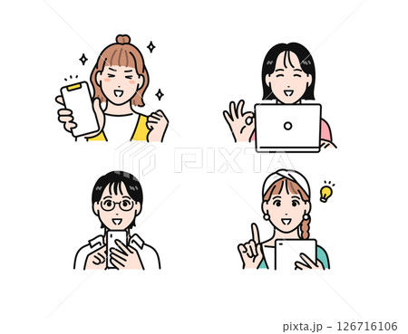 スマホ・タブレット・ノートパソコンを見て喜ぶ若い女性のシンプルなベクターイラストセット 126716106