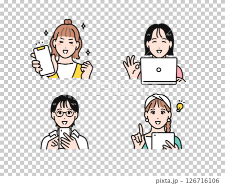 簡單的向量插圖集，一位年輕女子高興地看著她的智慧型手機、平板電腦和筆記型電腦 126716106