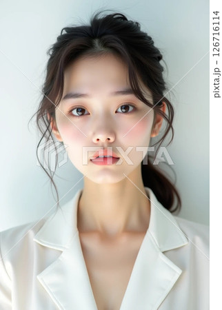 真顔で惹きつける日本人女性（白背景・美容イメージ） 126716114