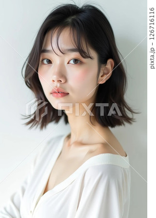 真顔で惹きつける日本人女性（白背景・美容イメージ） 126716116