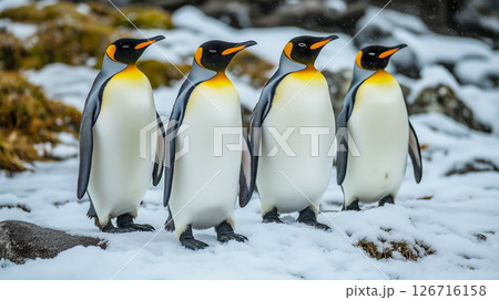 Penguins standing together in snowy environment 126716158