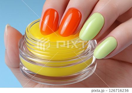 Hand Holding a Vibrant Nail Polish Jar with Bold Color Gradient Nails 126716236