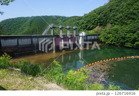 久賀ダム(岡山県が管理する洪水調節・灌漑用水・発電を目的とする重力式コンクリートダム):ゴミ除けブイ 久賀ダム(岡山県が管理する洪水調節・灌漑用水・発電を目的とする重力式コンクリートダム):ゴミ除けブイ 126716916
