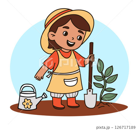 Cute happy girl farmer in hat. Kid character Gardener with garden tool shovel and watering can on bed with plant. Colored hand drawing. Vector illustration Cute happy girl farmer in hat. Kid character Gardener with garden tool shovel and watering can on bed with plant. Colored hand drawing. Vector illustration 126717189