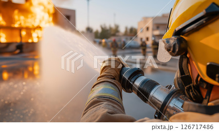 Firefighter battling flames in urban setting Firefighter battling flames in urban setting 126717486