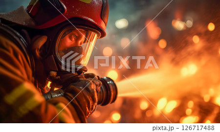 Firefighter facing intense flames 126717488