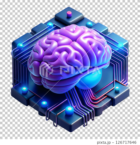 Artificial intelligence brain inside glowing cybercube, futuristic 3d illustration with digital circuit lines, isolated on transparent background 126717646