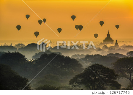 Sunrise Hot Air Balloons Over Bagan, Myanmar Sunrise Hot Air Balloons Over Bagan, Myanmar 126717746