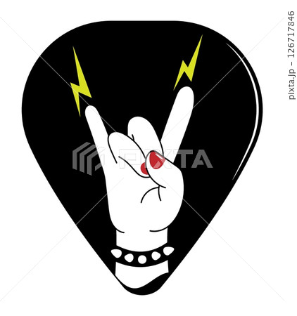 Rock music fan hand against the background of black guitar pick make rock n roll gesture. Punk rocker hand. Cartoon vector isolated on white background 126717846