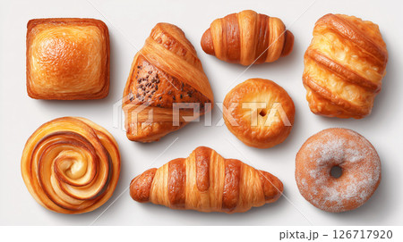 Assorted freshly baked goods on display at bakery 126717920