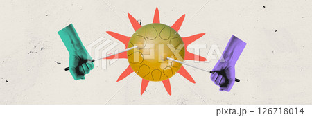 Banner. Creative artwork. Hands with mallets hit steel tongue drum shaped like sun with red rays against soft textured background. Abstract art style 126718014