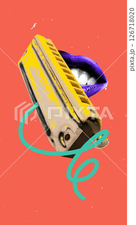 Creative artwork. Yellow harmonica leans toward purple lips on bright coral background with curved green line showing soulful energy. Street poster art style Creative artwork. Yellow harmonica leans toward purple lips on bright coral background with curved green line showing soulful energy. Street poster art style 126718020
