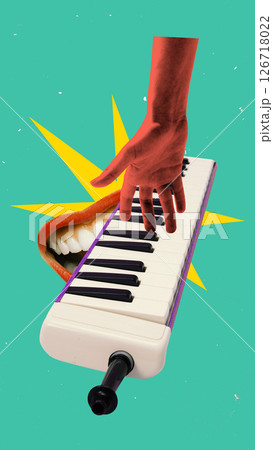 Conceptual art collage. Red hand plays white melodica while smiling lips peek behind glowing yellow rays on mint background with surreal charm. Vibrant art style Conceptual art collage. Red hand plays white melodica while smiling lips peek behind glowing yellow rays on mint background with surreal charm. Vibrant art style 126718022