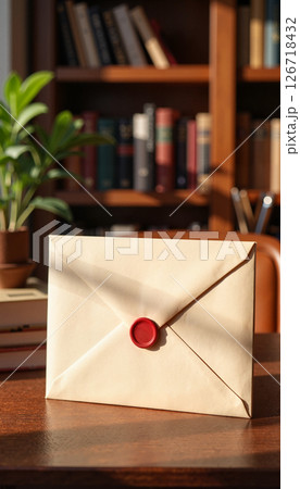 Elegant admission letter envelope on mahogany desk, scholarly ambiance Elegant admission letter envelope on mahogany desk, scholarly ambiance 126718432