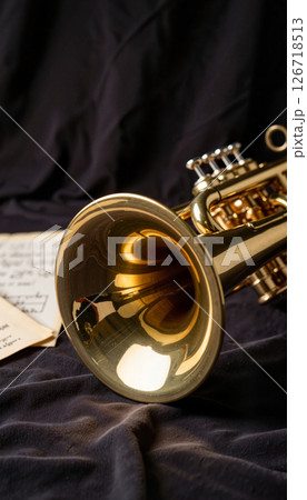 Glistening brass trumpet on dark velvet backdrop, musical elegance 126718513