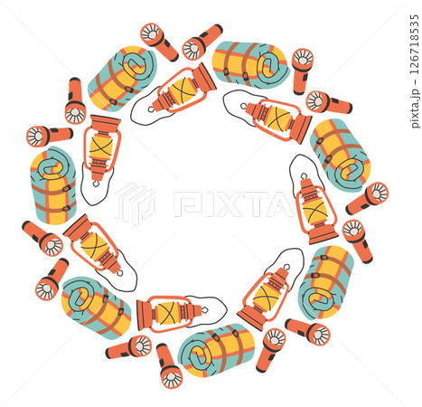 Vector illustration with a round frame made of camping items like sleeping bag, red lantern, and flashlight. The colors are warm and cozy, perfect for outdoor themes. 126718535