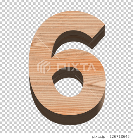 Three-dimensional number 6 on a white background, wooden texture, 3D production 126718643