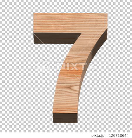 Three-dimensional number 7 on a white background, wooden texture, 3D production 126718644