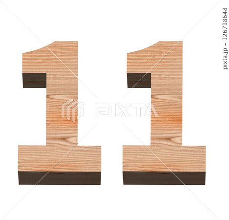 白い背景に立体の数字の11、木の質感、3D制作 126718648