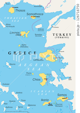 Greek North Aegean Islands, political map. Also known as Northeastern Aegean Islands, do not form a physical chain or group, but are frequently grouped together for tourist or administrative purposes. 126718750