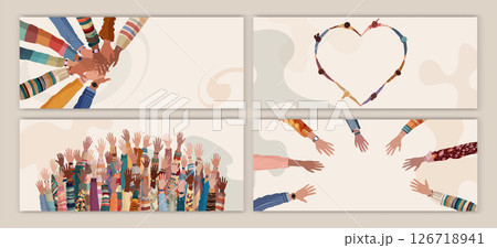Volunteer people group concept magazine flyer booklet editable template. Multicultural people holding hands. Raised hand 126718941