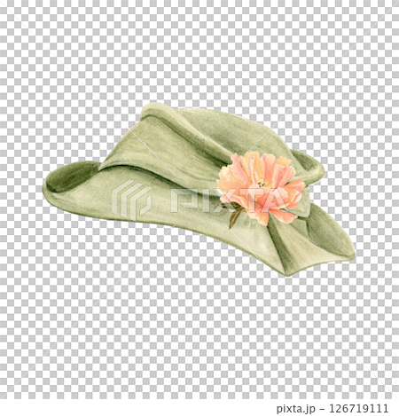 Vintage green hat with peony flower decor, hand-painted in watercolor on white. Perfect for wedding invitations, retro-themed stationery, fashion branding, boutique logos, feminine editorial projects Vintage green hat with peony flower decor, hand-painted in watercolor on white. Perfect for wedding invitations, retro-themed stationery, fashion branding, boutique logos, feminine editorial projects 126719111