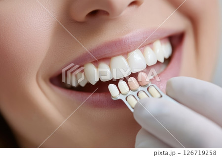 Close-up of woman smiling while dentist compares teeth shades with color guide. Healthy white smile. Cosmetic dentistry. Professional dental care. Clean, natural look. Oral health concept. Banner Close-up of woman smiling while dentist compares teeth shades with color guide. Healthy white smile. Cosmetic dentistry. Professional dental care. Clean, natural look. Oral health concept. Banner 126719258