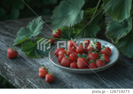 Freshly picked strawberries in a ceramic bowl on rustic wooden table, surrounded by lush green strawberry leaves. Natural lighting and organic setting create a farm-to-table summer harvest mood. 126719273