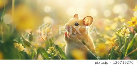 Cute hamster sitting on a bright flower field, surrounded by colorful flowers and soft sunlight. Cheerful spring atmosphere, perfect for Easter or children's themes. Plenty of space for text. Banner 126719276